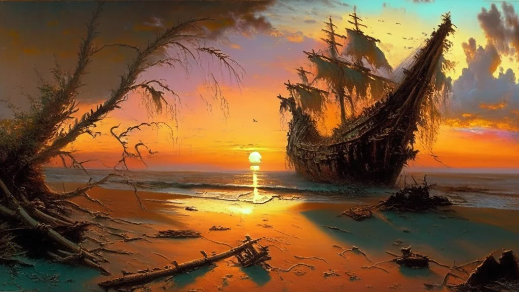 In the style of bob ross, thomas kadinskade and albert bierstadt a painting of a beach with an old ship wreck. Plants growing all over it. Intricate details, dramatic sunset, beautiful