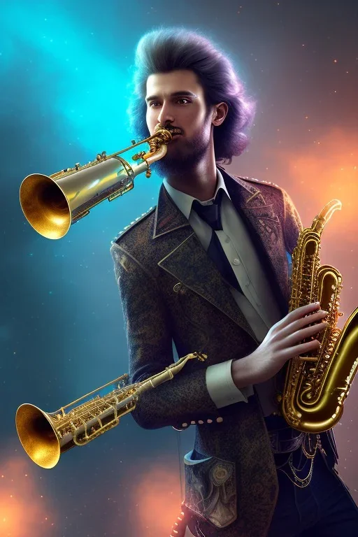 steampunk , saxophone player, caucasian man, big hair, neon sign spelling 'Saxman', post-apocalytic setting, volumetric lighting, particals, intricate detail,realistc, close up