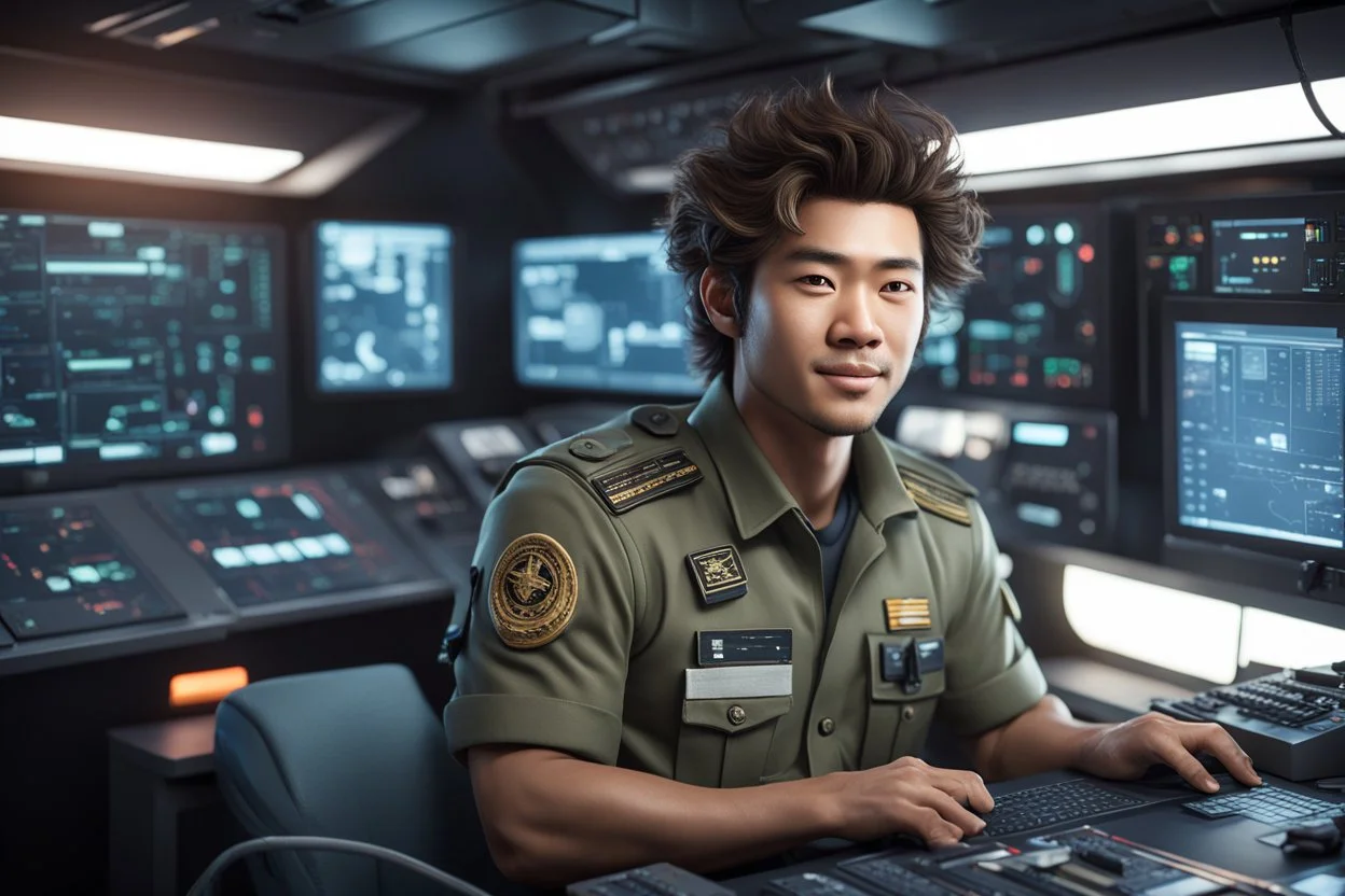 30 year old military Coding IT Officer, male, slight-Asian, slight smile, sitting at data console of star cruiser ship, casual, shaggy hair, hyper-photo-realistic, detailed, cinematic lighting