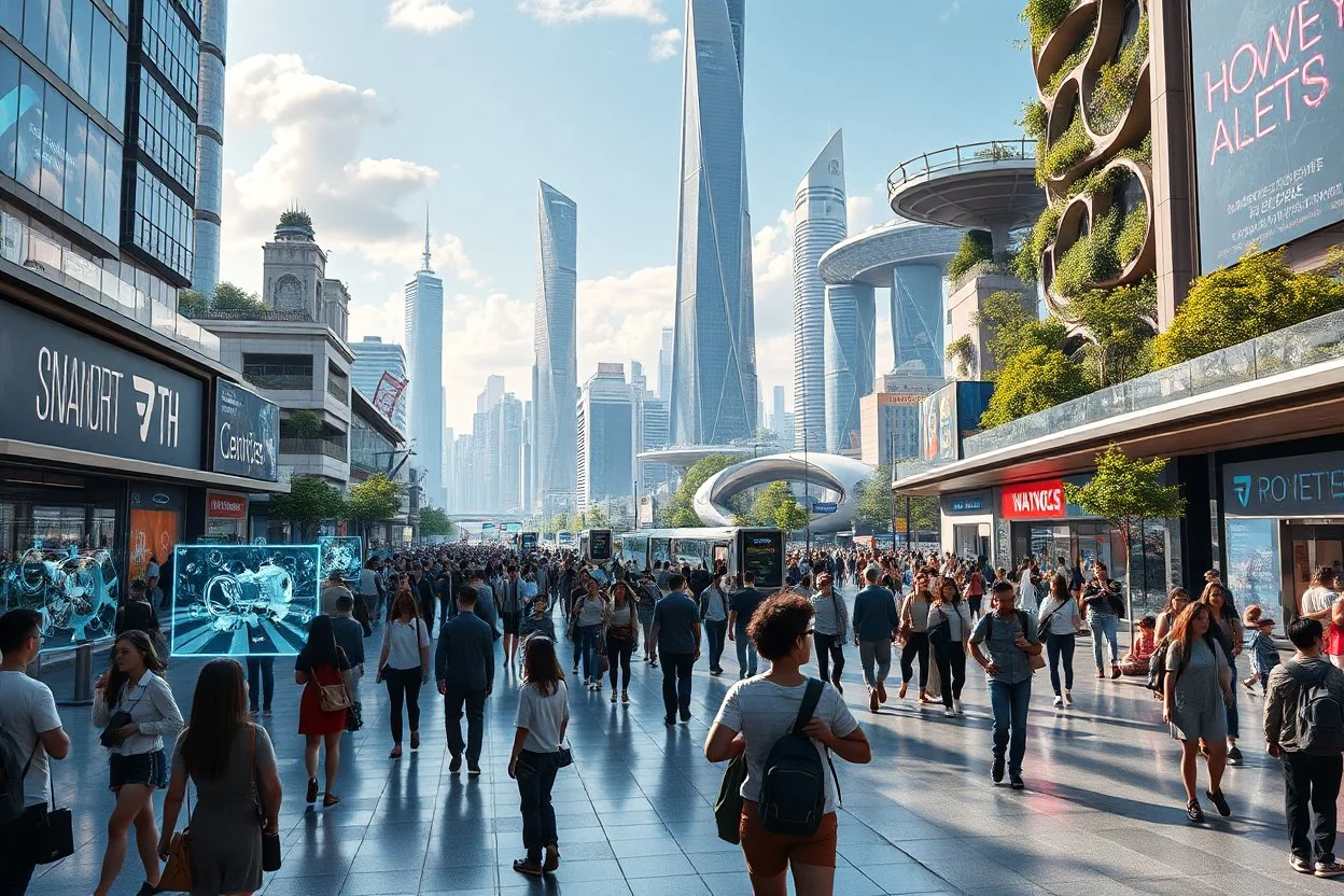 A futuristic scene depicting the bustling heart of a 2080 city center. The foreground features a diverse array of photorealistic individuals engaged with innovative, tech-enhanced elements - holographic displays, autonomous transportation, immersive public art. In the background, a panoramic vista of the larger city skyline - towering organic skyscrapers, elevated transit, verdant green spaces. Convey a sense of scale, depth and awe-inspiring technological wond