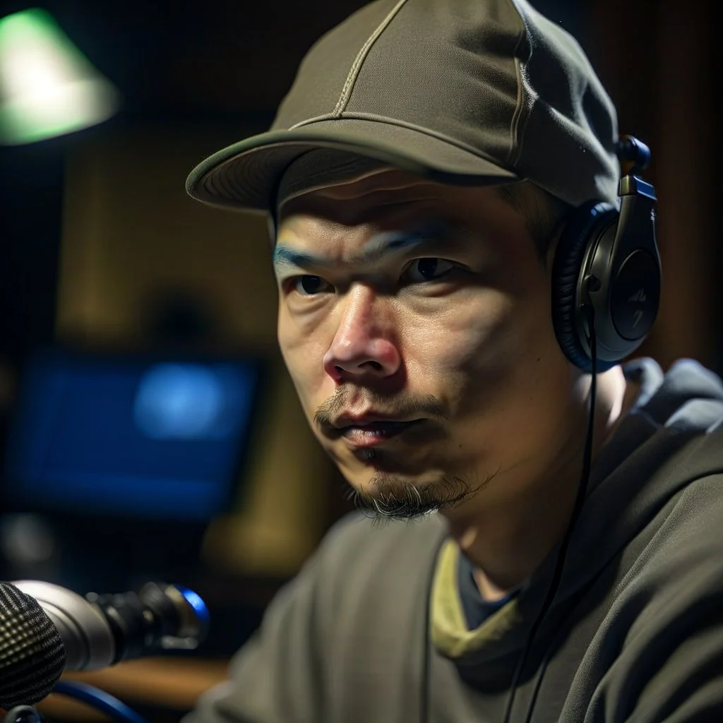 Christer Chao Solvang, norwegian rapper in silver gloden studio and with a tiny weird hat, young dark and handsome, with thick hairy eyebrows, and tiny mic, directing a debate, photo-realistic, shot on Hasselblad h6d-400c, zeiss prime lens, bokeh like f/0.8, tilt-shift lens 8k, high detail, smooth render, down-light, unreal engine, prize winning