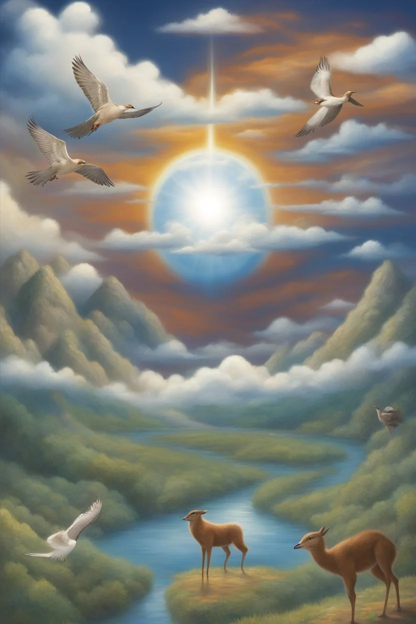 The creation of the world by God. In front of us is a valley with a beautiful landscape, where beautiful animals roam, beautiful birds fly in the sky, beautiful clouds and God in the clouds