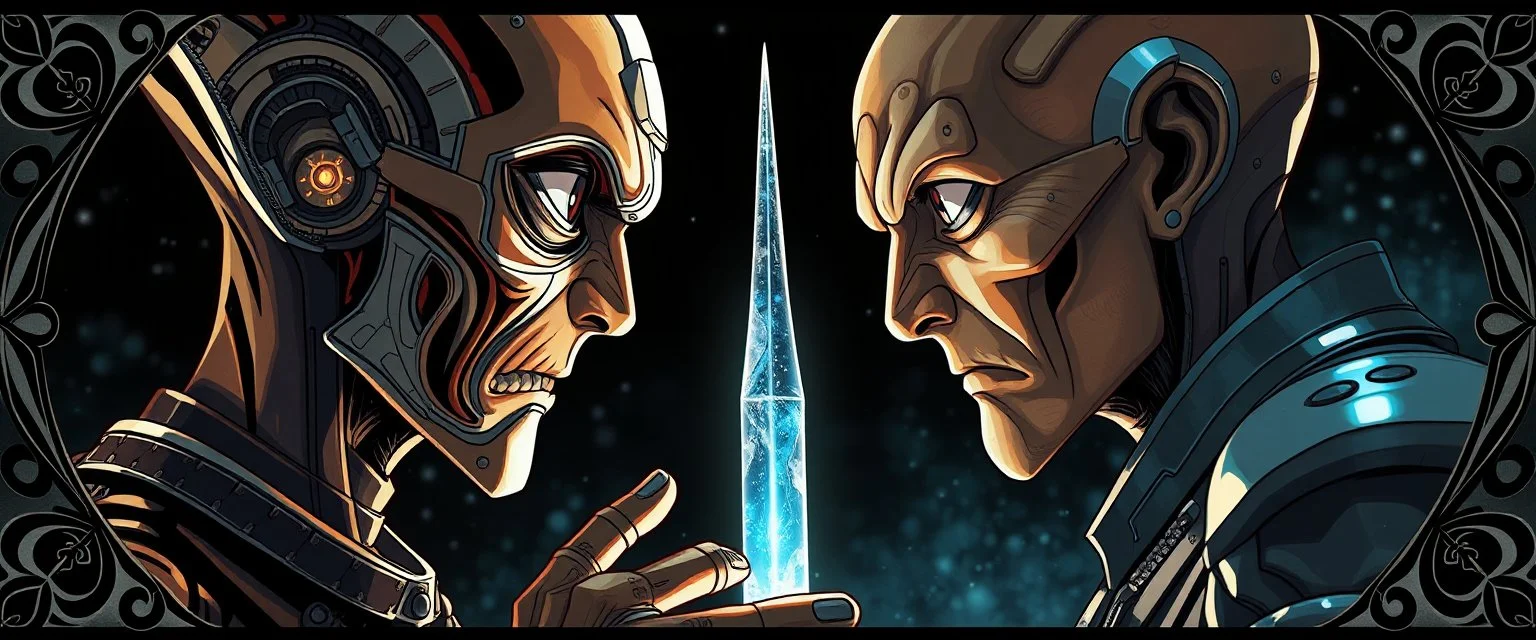 Close-up confrontation between an ancient alien outcast leader synth and a space broker, standing only a meter apart, intense eye contact, glowing crystalline rod between them, anger mixed with sadness, dramatic facial expressions, shallow depth of field, cinematic lighting, stylized 3D anime, airbrush painting, crisp outlines, escher , rembrandt , black swirly border with sacred geometry, characters drawn in front of border