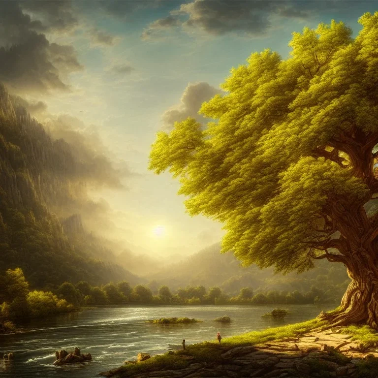 higly-detailed, epic landscape, river, highly detailed, perfect lighting, perfect composition, 4 k, artgerm, hudson river scool, big old tree, sunny day, victorian era