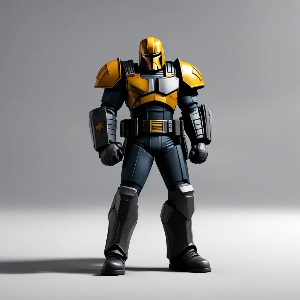 In 3d Mikros animation style. Judge Dredd about to arrest a perp on a neutral grey background