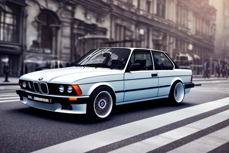 a 1990 bmw 2-door 4k ,ultra realistic,concept, 4k ,on street, parked in crowed city