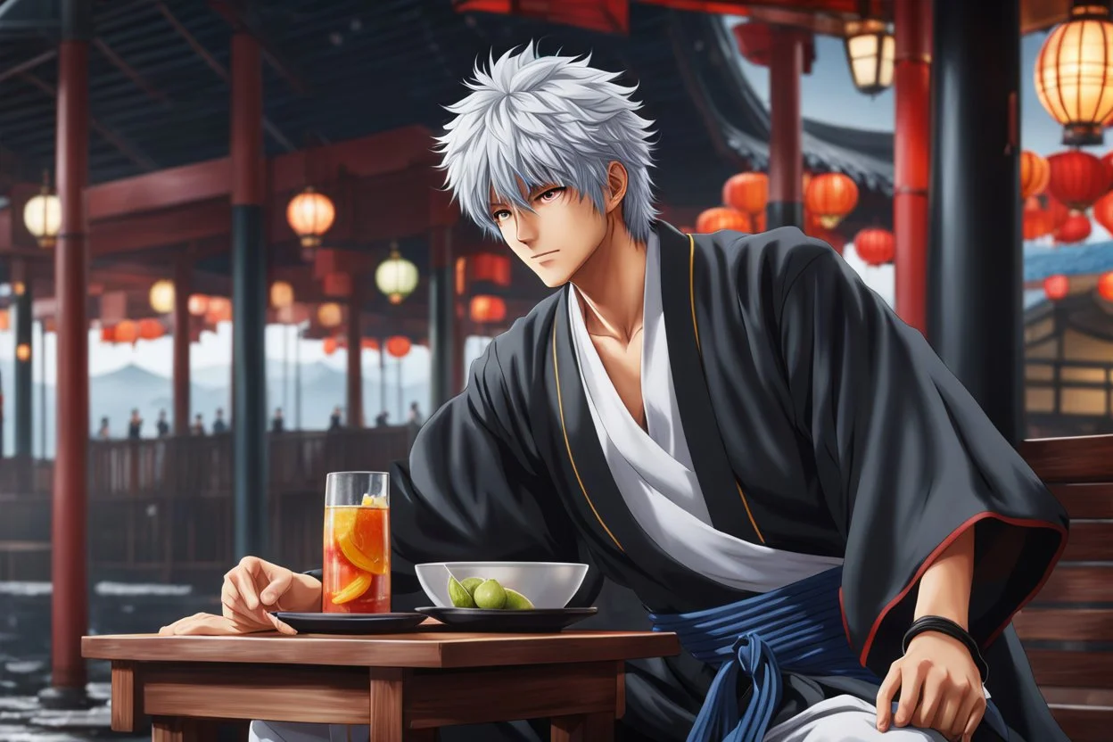 Gintoki in 8k 2D anime realistic drawing style, Gintama costum, close picture, rain, japan, highly detailed, high details, detailed portrait, masterpiece,ultra detailed, ultra quality