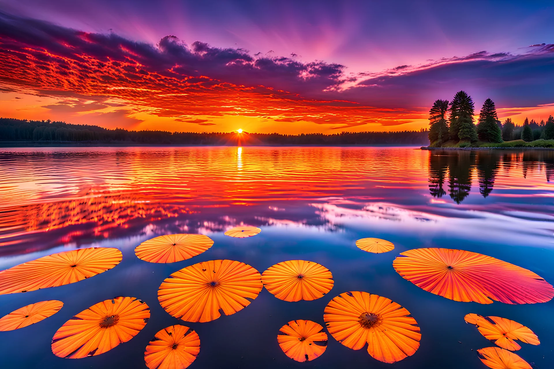 A surreal and ethereal scene at Horse's Lake Saide, where the sun is setting and casting a warm, orange glow across the expanse of water. The sky above is awash in a kaleidoscope of vibrant colors, ranging from deep purples and blues to fiery reds and yellows, creating a psychedelic, trippy effect. The water of the lake mirrors the sky's colors, creating a mesmerizing reflection that seems to stretch on for eternity. In the distance, a lone horse can be seen standing gracefully at the shore, its