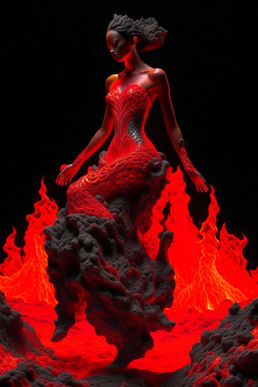 Behold a mesmerizing masterpiece portraying the full embodiment of fiery elegance as a woman crafted entirely of molten lava commands the canvas with her captivating presence, the artwork is highly detailed and exudes intricate textures, showcasing the smooth, fluid-like nature of the molten lava, the lighting accentuates the fiery glow, casting vibrant and dynamic shadows that dance across the scene, this digital illustration, reminiscent of artwork by ruan jia, Mandy Jurgens, Artgerm, and zdis