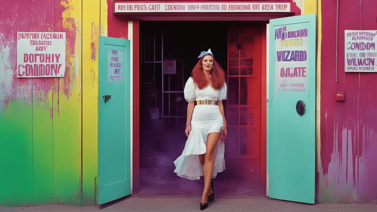 [fun photo by Russ Meyer's glitched acid trip] the condom factory. The factory door opens and a woman dressed in a sexy outfit of Dorothy from the wizard of Oz begins slowly walking to the gate. there are posters of condoms everywhere on the walls