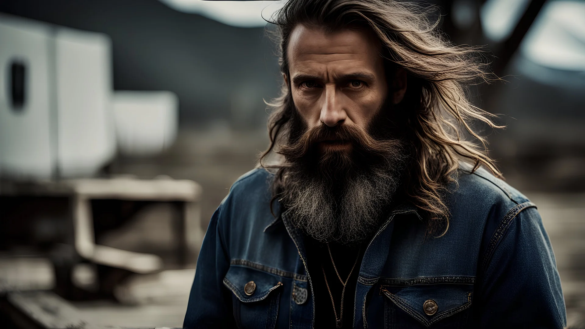 color photo of a man with a long beard wearing a denim jacket A rugged man with a long, flowing beard, like a cascade of dark waves, adorns his face. His piercing gaze penetrates through the lens, captivating the viewer's attention. The denim jacket he wears is worn and faded, a testament to his adventurous spirit and rugged lifestyle. The environment surrounding him is a bustling city street, filled with the vibrant energy of urban life. The buildings tower above, casting long shadows on the