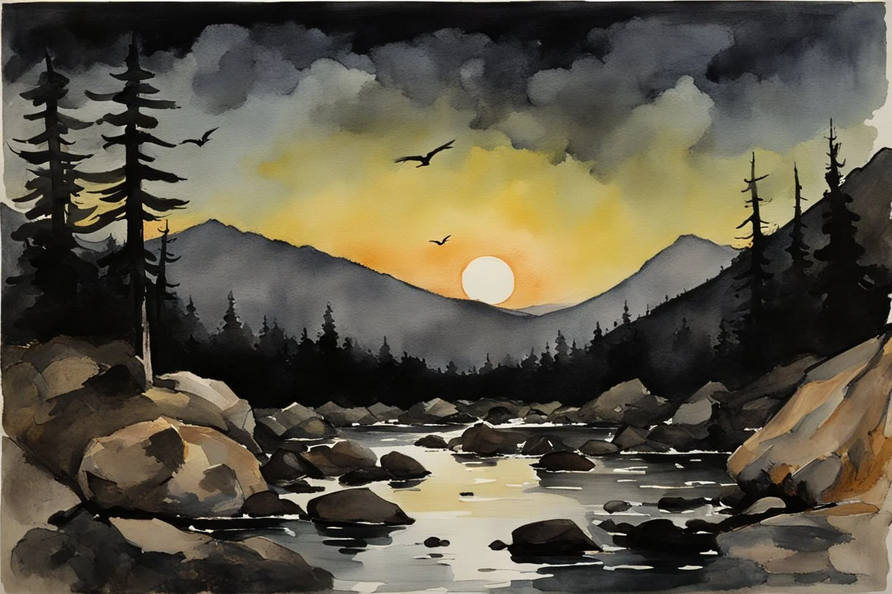 Night, mountains, rocks, gothic horror films influence, winslow homer watercolor paintings