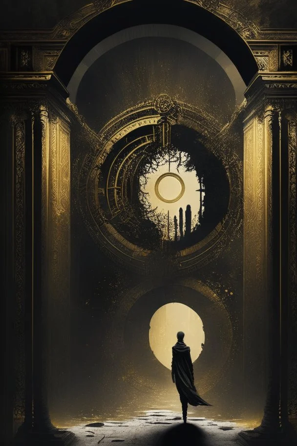 A person, a palace, a time gate, dark black and golden colour