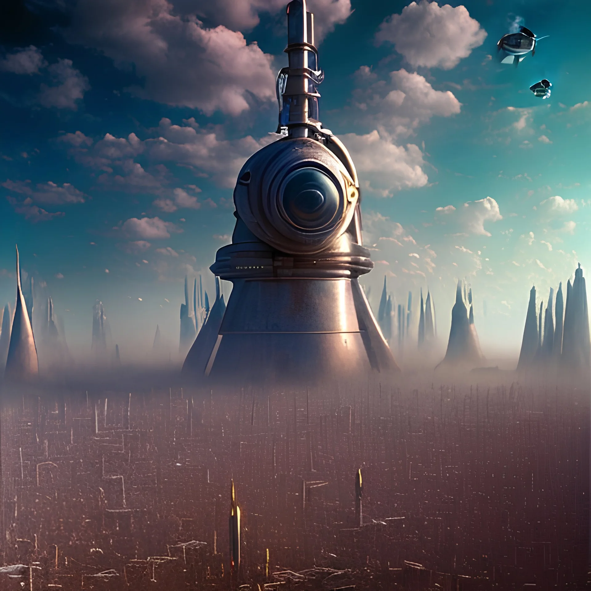 A wasteland, sci-fi city, clouds, polaroid, noon light, Max Ernst, Yves Tanguy, Audubon, 8k, 3d, 33mm photography, bright colours, sharp focus, odd spindle-shaped objects