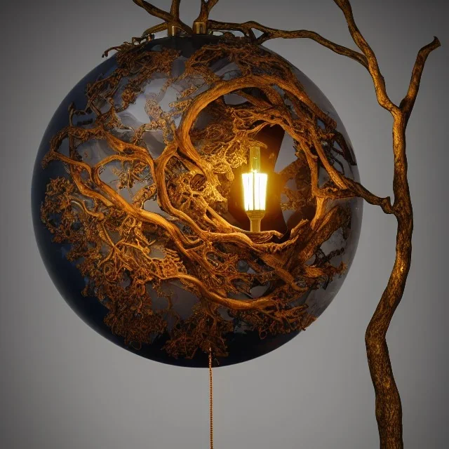 a gorgeous, stunning lamp made of gnarled wood with illuminated globe of light hanging off one branch sitting on gilded cloth, 8k resolution, high-quality, fine-detail, photorealistic, intricate, digital art, detailed matte, volumetric lighting, illustration, 3D octane render, brian froud, howard lyon, selina french, anna dittmann, annie stokes, lisa parker, greg rutowski, George Grie, Ben Goossens, Igor Morski