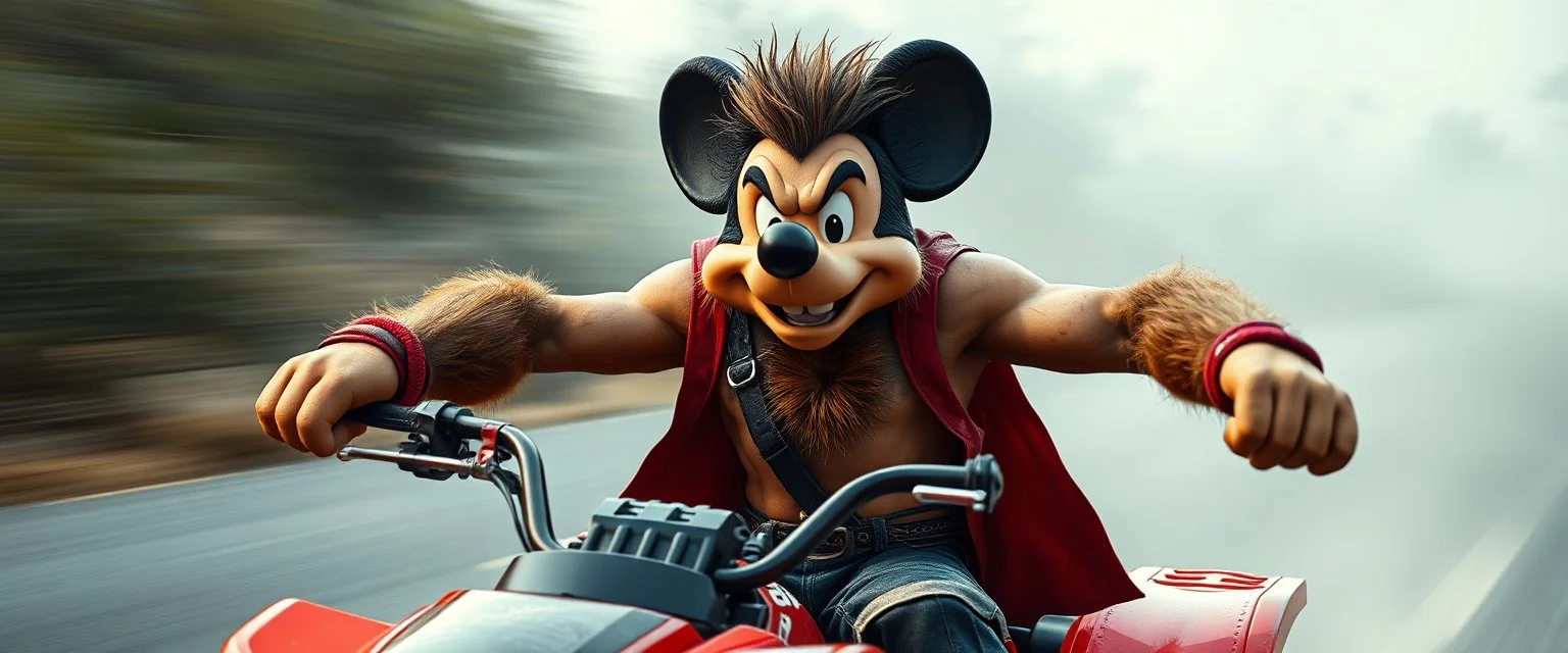 hi speed bad ass cyber punk masculine realistic mickey mouse rambo humanoid with hairy arms and chest, on quad, motion blurred background