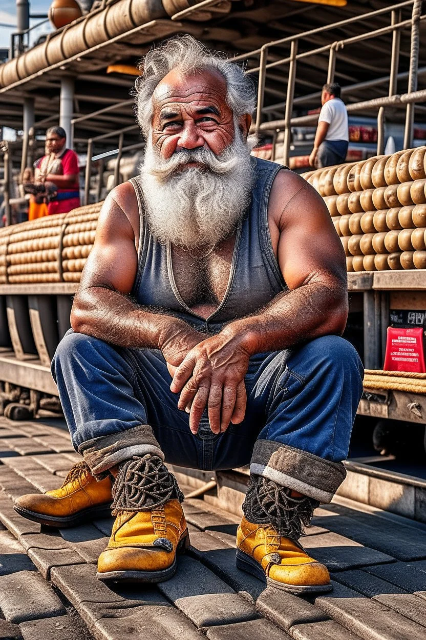 photography of An iranian offshore worker, shirtless, wearing bulging heavy-duty work pants and sturdy boots, sitting under the scorching sun on a merchant ship, man 66 years old, manly chest, muscular chubby , tattoo, curly beard, dirty, serious, long hair, ugly, big thighs, bullneck, big shoulders, photo realistic, photographic, super detailed, hyper realistic, UHD, frontal view , ambient occlusion