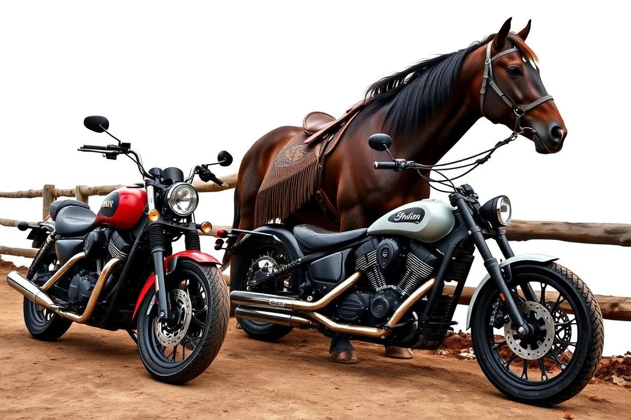 a motorcycle(harley davidson pan america 1250) next to a different motorcycle(Indian Springfield Dark Horse) , next to a horse who's tied by the reins to a wood railing. white background. dirt ground. silkscreen style image