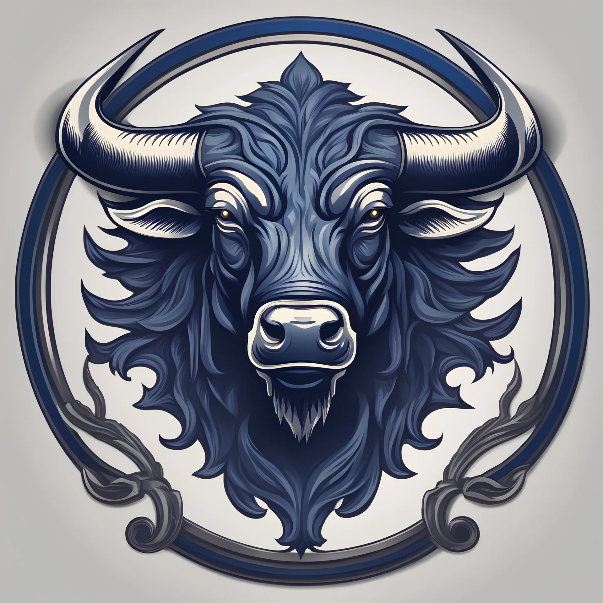 Renaissance style Sports logo, dark blue theme, bull's head . Realistic, perspective, light and shadow, Mysterious themes, highly detailed