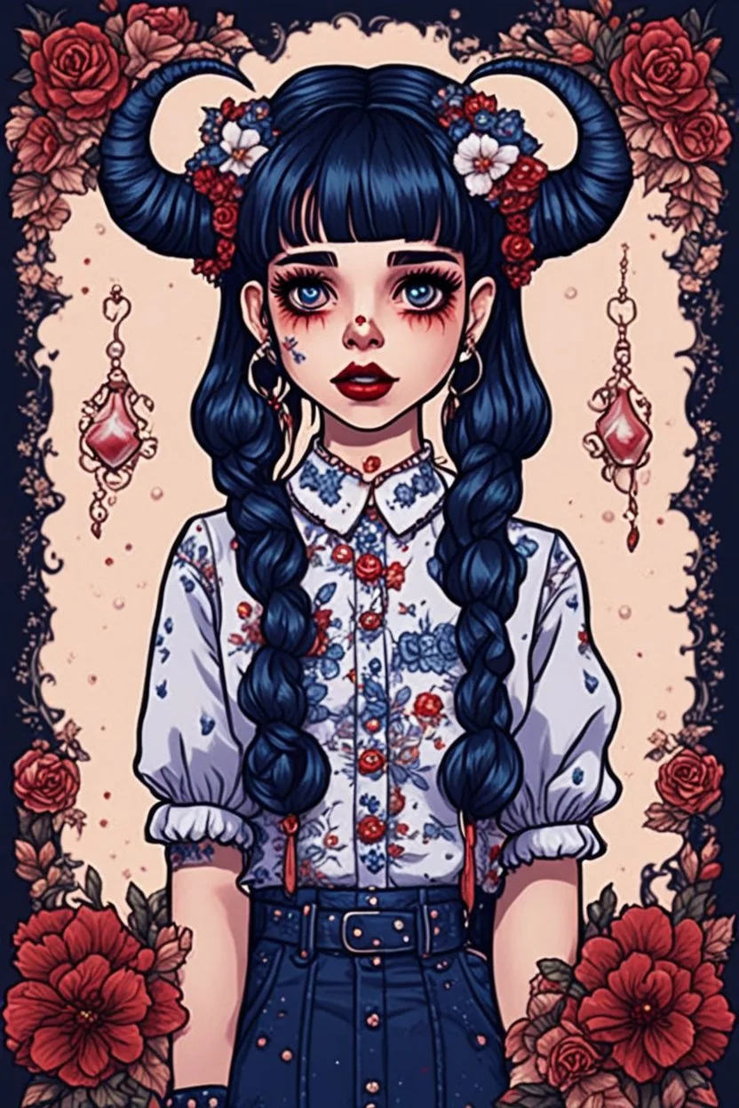 wears a smart shirt which is embroidered with bluered flowers and ornaments, has dark eyes and horns,Poster in two gradually, a one side malevolent goth vampire girl face and other side the Singer Melanie Martinez face, full body, painting 90's movie , pixel art , for a retro gaming 2D style, darkblue and sepia tones,