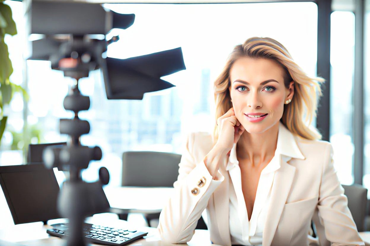 beautiful professional looking business woman talking to the camera