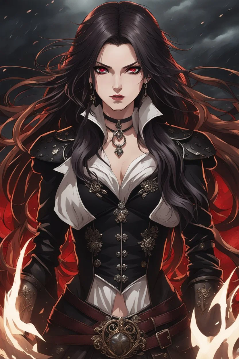 An arrogant looking young woman with pale skin and long brown hair in a stormy dark fantasy setting with intricate details. She is wearing black and read leather, has red eyes, an air of malevolent power surrounds her. Anime style. High definition.