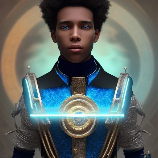 portrait of a teenager black boy with curly dark brown hair and blue eyes,steampunk style,8k quality,full body shot, masterpiece, best quality,sparkling eyes, fluorescent skin, colorful makeup, highly detailed body,sun light, 4K, RAW, depth of field, high contrast, realistic details, 24mm