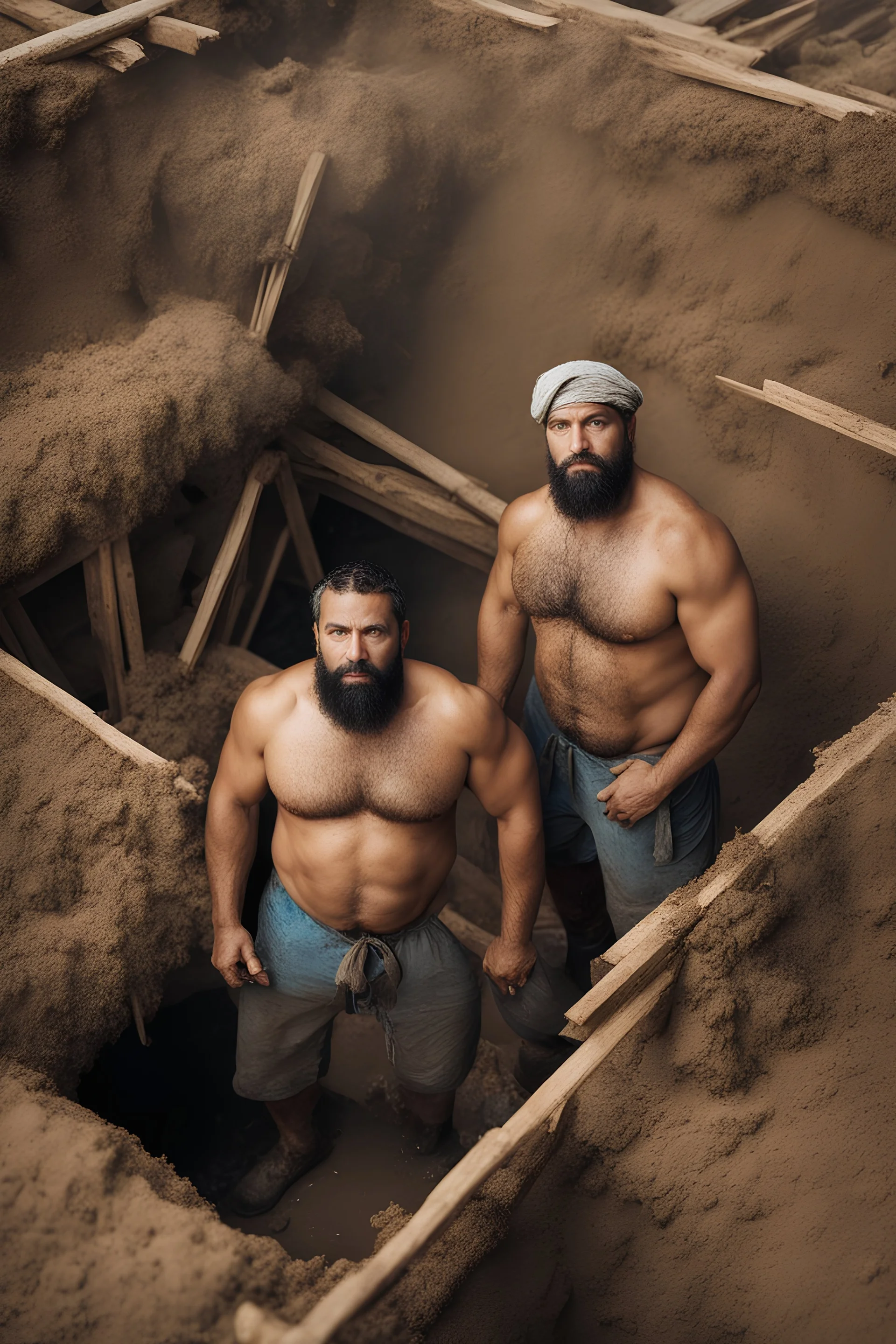 aerial top view shot photography of two ugly 40 year old beefy big robust burly arab carpenters relaxing in the mud, dirty and wet, wearing bulging shorts, tank top, hairy chest, serious, very virile, long beard, curly hair,, , in a sunny construction work area, photorealistic , photorealistic, aerial view top view