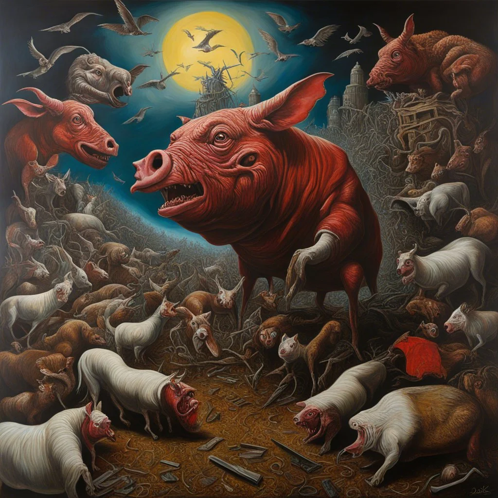 Surreal animal farm, maximalism, by Dado, by Miodrag Đurić, surreal horror, descent into madness, oil on canvas