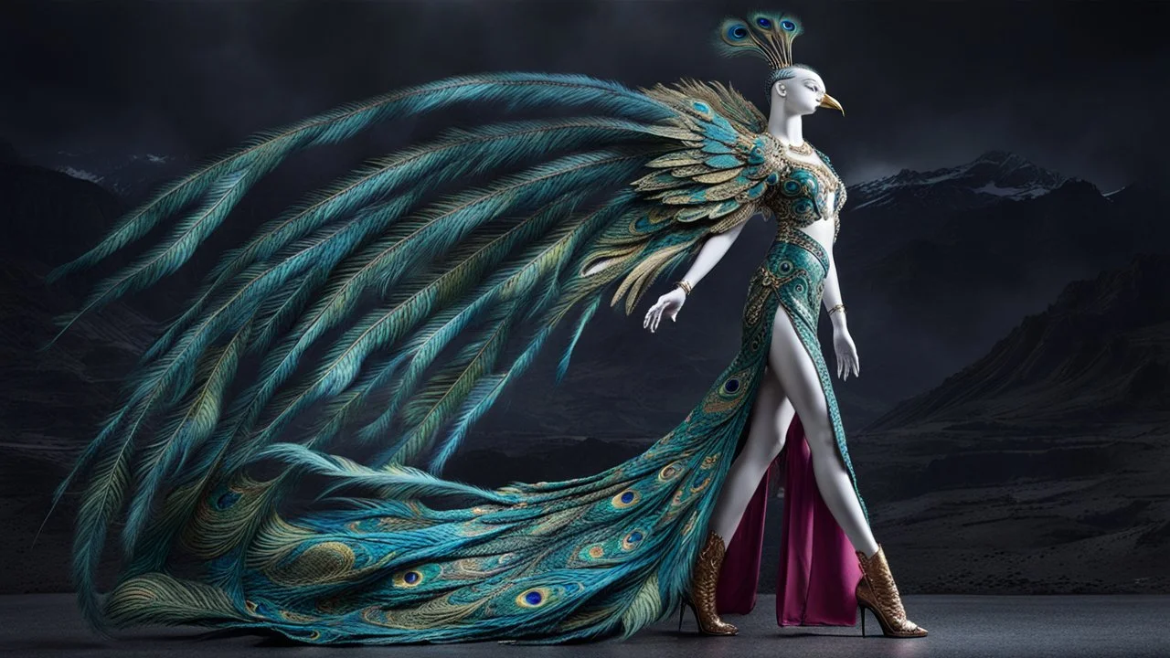 A majestic figure with a bird-like head and long, flowing feathers that resemble a peacock's tail. The figure stands against a dark, mountainous backdrop. The feathers are vibrant with shades of blue, green, and gold, and they spread out dramatically, almost as if they are in motion. The figure's body is adorned with intricate patterns and designs, and it wears a long, flowing dress that mirrors the colors and patterns of the feathers. The dress has a high slit on one side, revealing a leg.