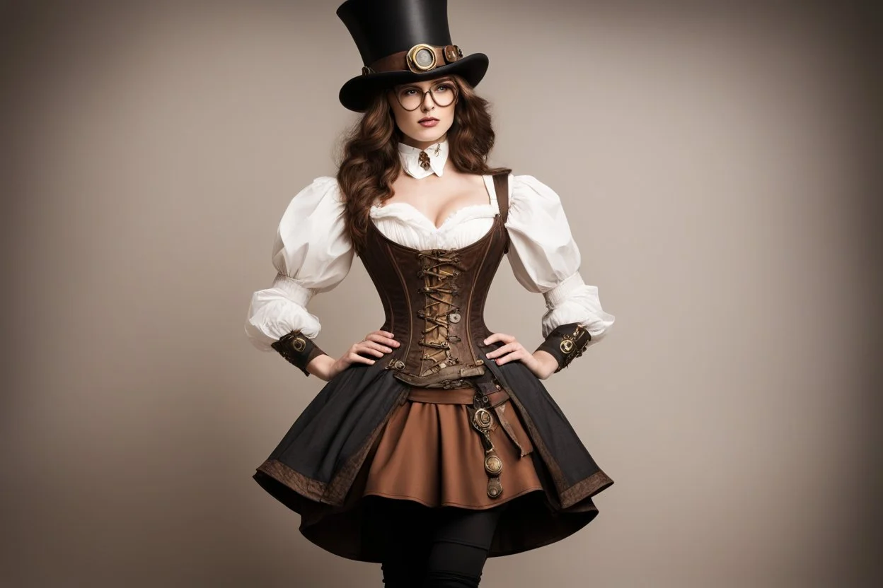 Классический стимпанк: корсет с латунными пряжками, буфы рукавов, юбка-карандаш или пышная многослойная юбка из тяжелых тканей, сочетание кожаных и матерчатых деталей. Добавьте цилиндр или шляпу-ведро с украшениями, очки-авиаторы или монокль.