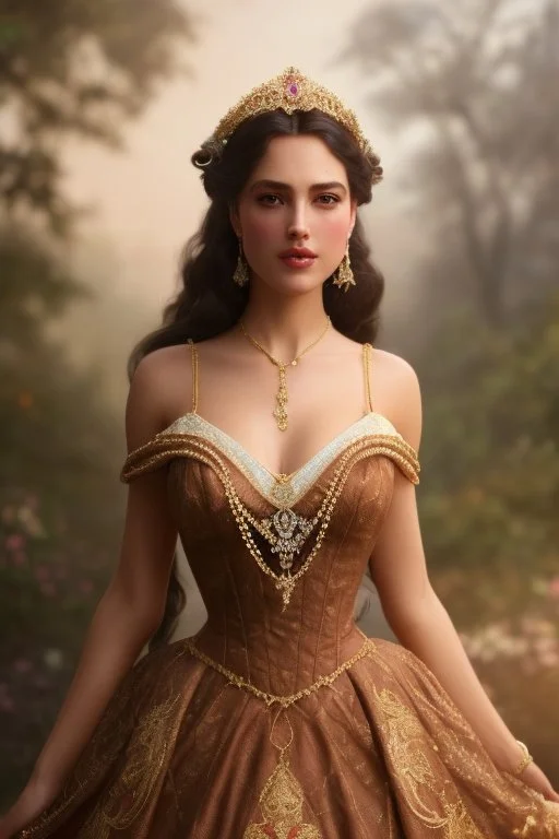 long shot beautiful and gorgerous duchess with incredible jewellery in 19th century clothing by Greg Rutkowski and Artgerm and Emile Vernon and Vladimir Volegov, in a brown dress, mystical castle background, art illustration, natural beauty, muted colors, pastels, perfect fingers, higly detailed, expressive, high detail, symmetrical, digital painting, symmetrical eyes, dynamic lighting, artstation, cinematic lighting, intricate artwork, emitting diodes, smoke, artillery, sparks, racks, system u