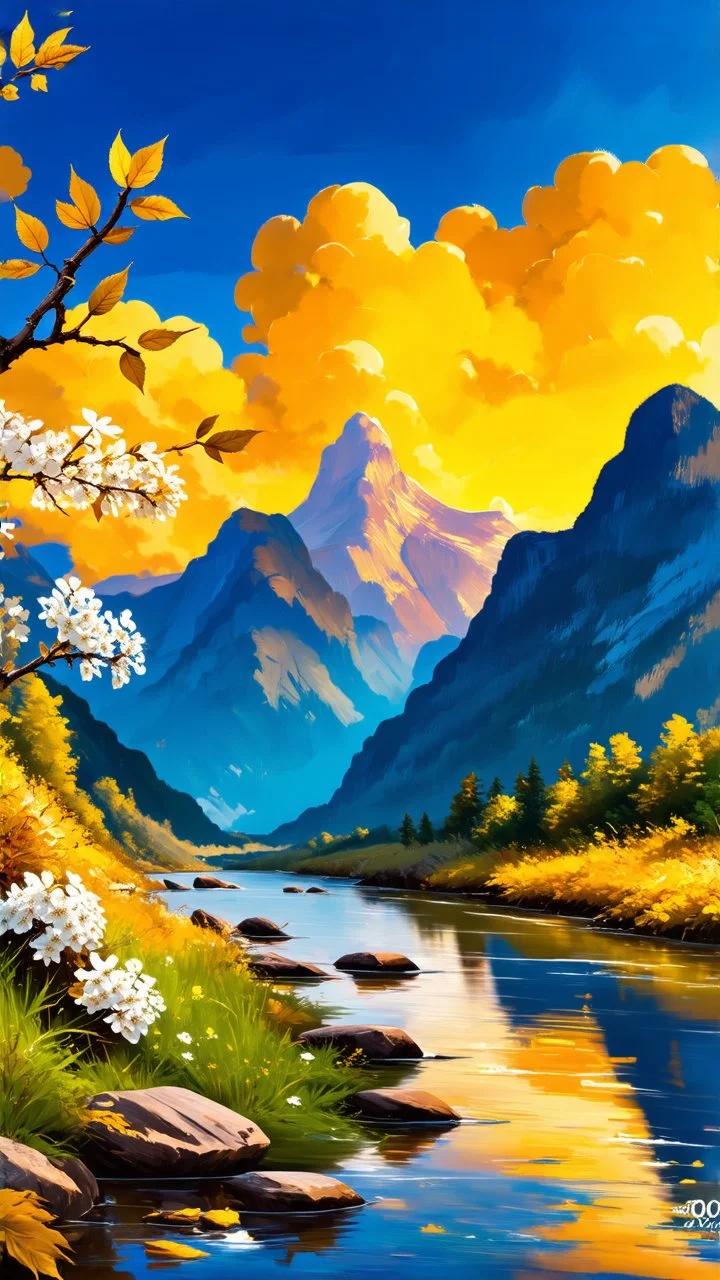 view of mountain at the golden hour with clouds at the sky on a river with gold branch ,leaves and white flowers on the side ,oil paint style