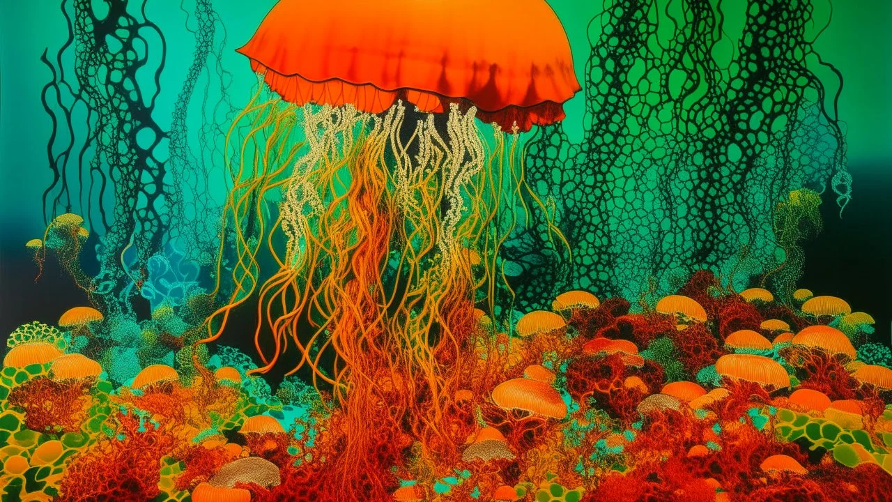 An orange colored underwater reef with jellyfish designed in Moroccan rug art painted by Andy Warhol
