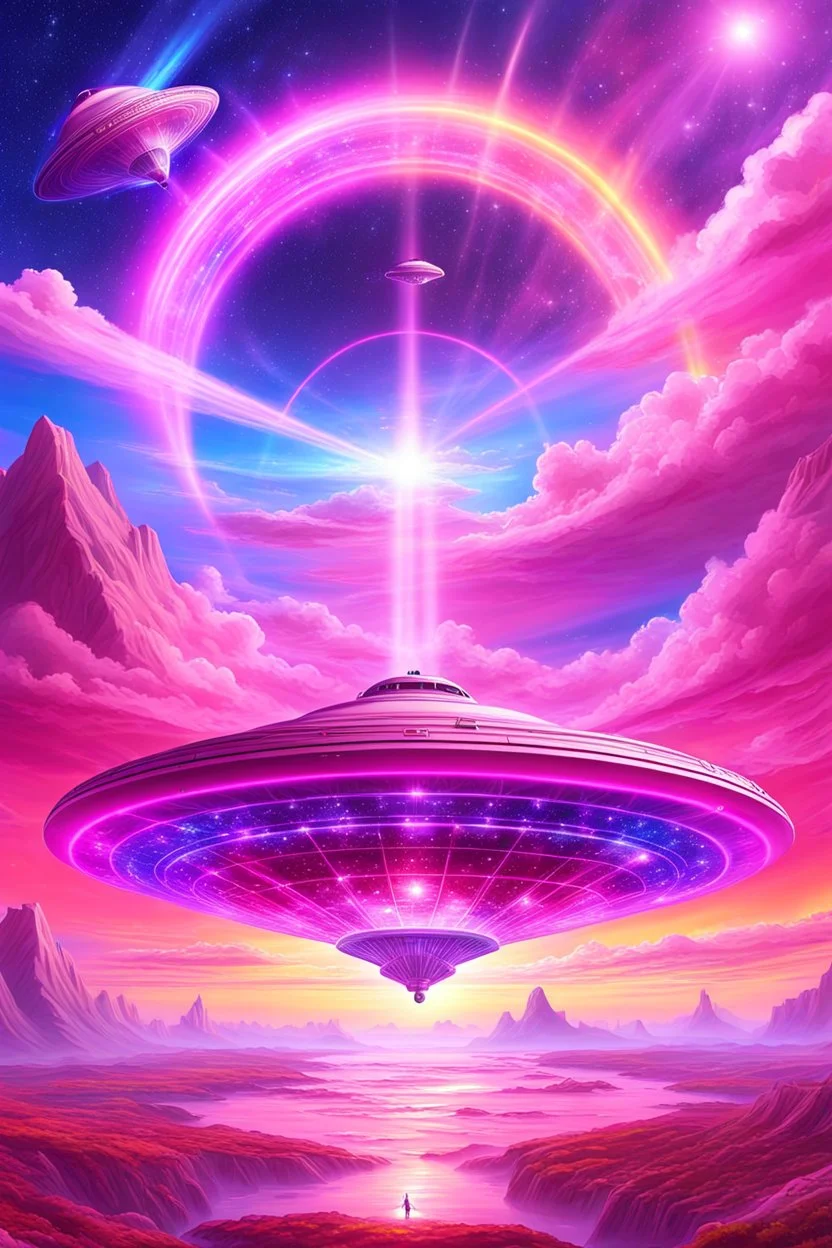 vaisseau interdimensionnel de couleur rose, grands rayonnements, dans un cosmos rose et jeu très étoilé d'or, 8K,ufo rainbow