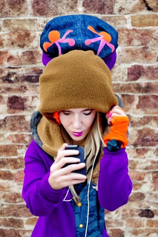 blonde taking selfie.thick thighs,thick calves,flat belly,curvy fell. big head. Mantle is sewed of upcycled Denim and sewed together of camouflage pieces. Pieces' color are orange, cream and purple. It is with big bright purple felt tippet and birght-colored-hood is merged with colorful beanie. Big colored headphones (gold rings!) is merged with small felt cap with small visor. Style: Haute Couture in 1950's Brazil, N.Y.C fashion in 2023