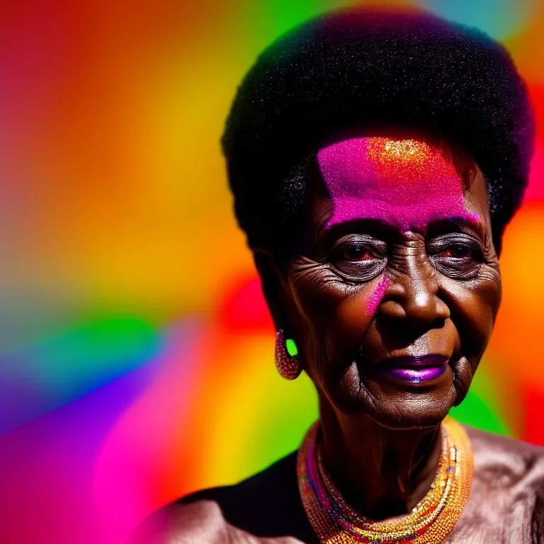 masterpiece, best quality, old woman, dark skinned, sparkling eyes, fluorescent skin, colorful makeup, afro, head shot, highly detailed body, sun light, 4K, RAW, depth of field, high contrast, realistic details, 24mm