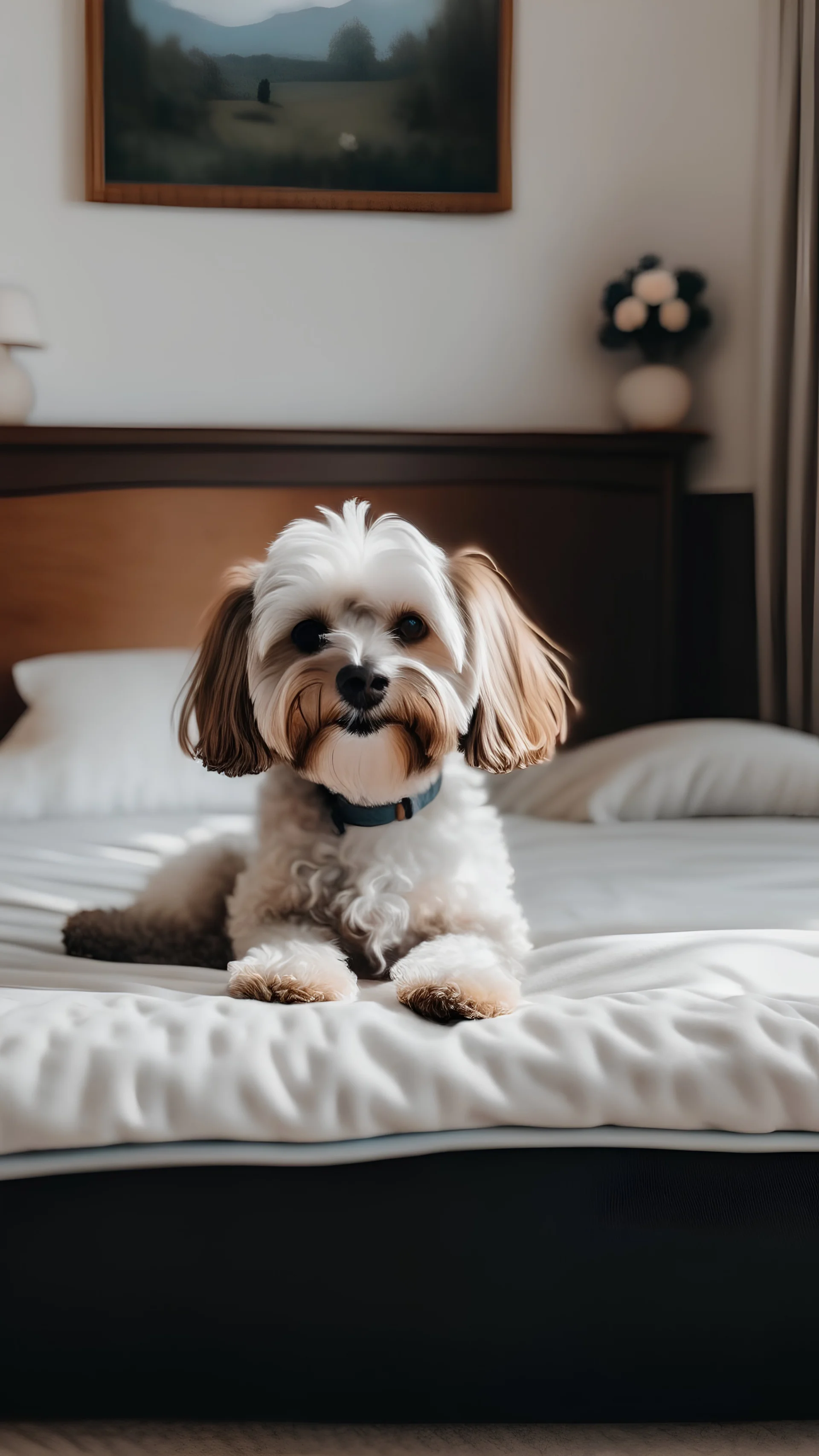 A cute image of a pet sitting beside a bed