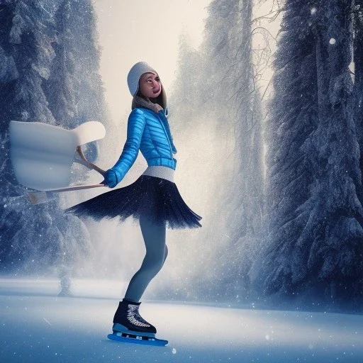 Woman skating on ice, blue, forest, snow, beautiful, mountain, masterpiece, expert, 8K, hyperrealism, sharp focus, cinematic lighting