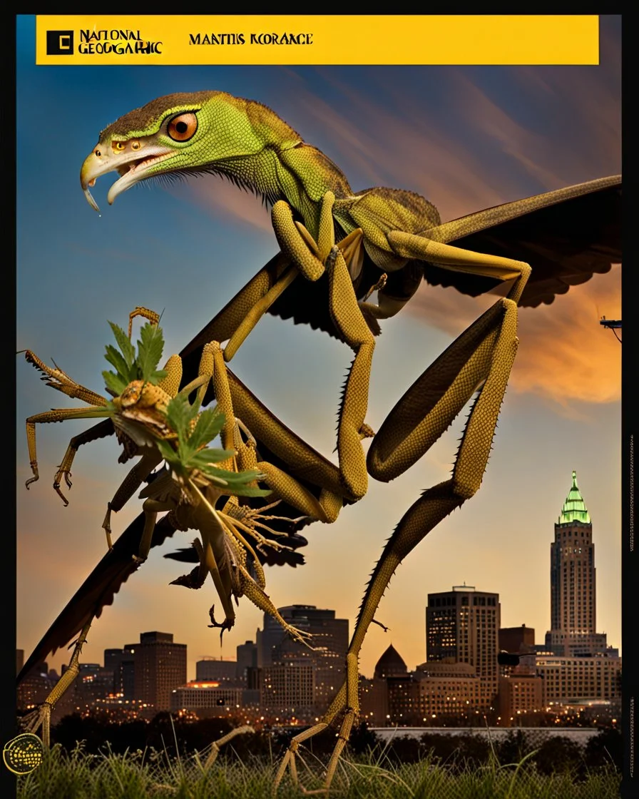 a national geographic style photograph of a eagle mantis lizard hybrid attacking detroit