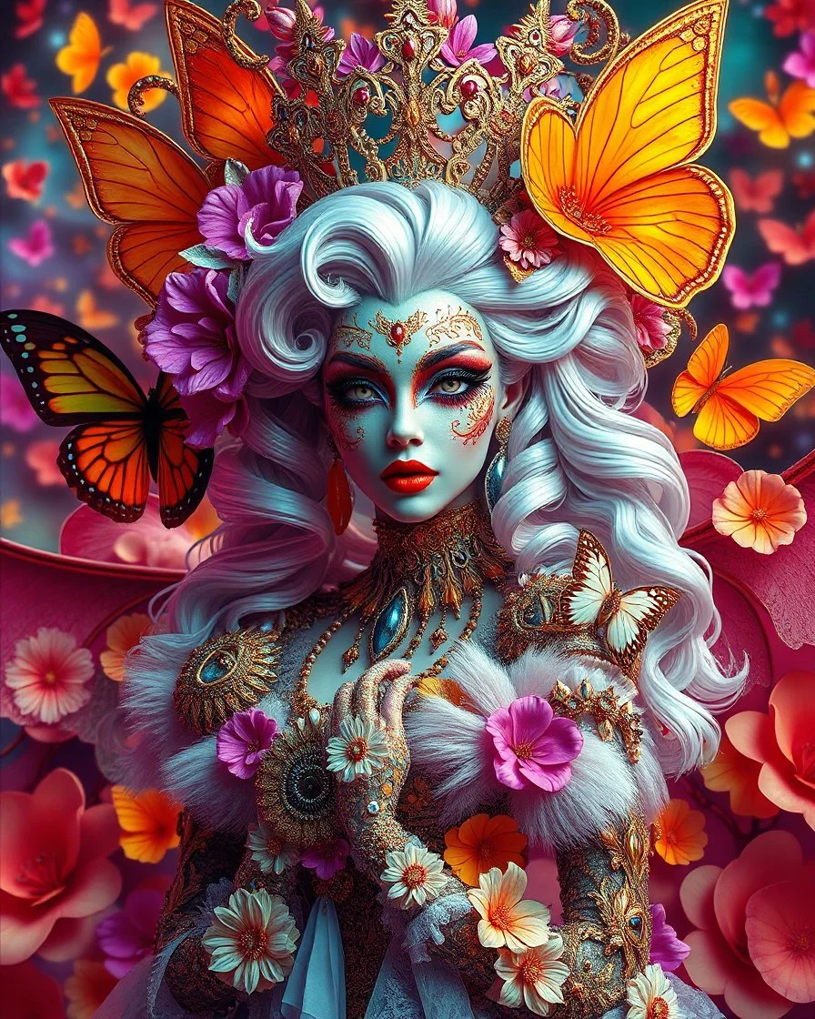 Masterpiece art amazing art picture in Luxurious 3d colorful fractals sharp colors,vibrant colors,neons colors standing pose sweet pose a adorned carnival vampire queen gothic make up,hair silver, golden shiny adorned,in fractals 3d outside ,fractals colorfull,Fully of flowers,butterflies,leaves in 3d outside fractals neons vibrant colorful backgrounds