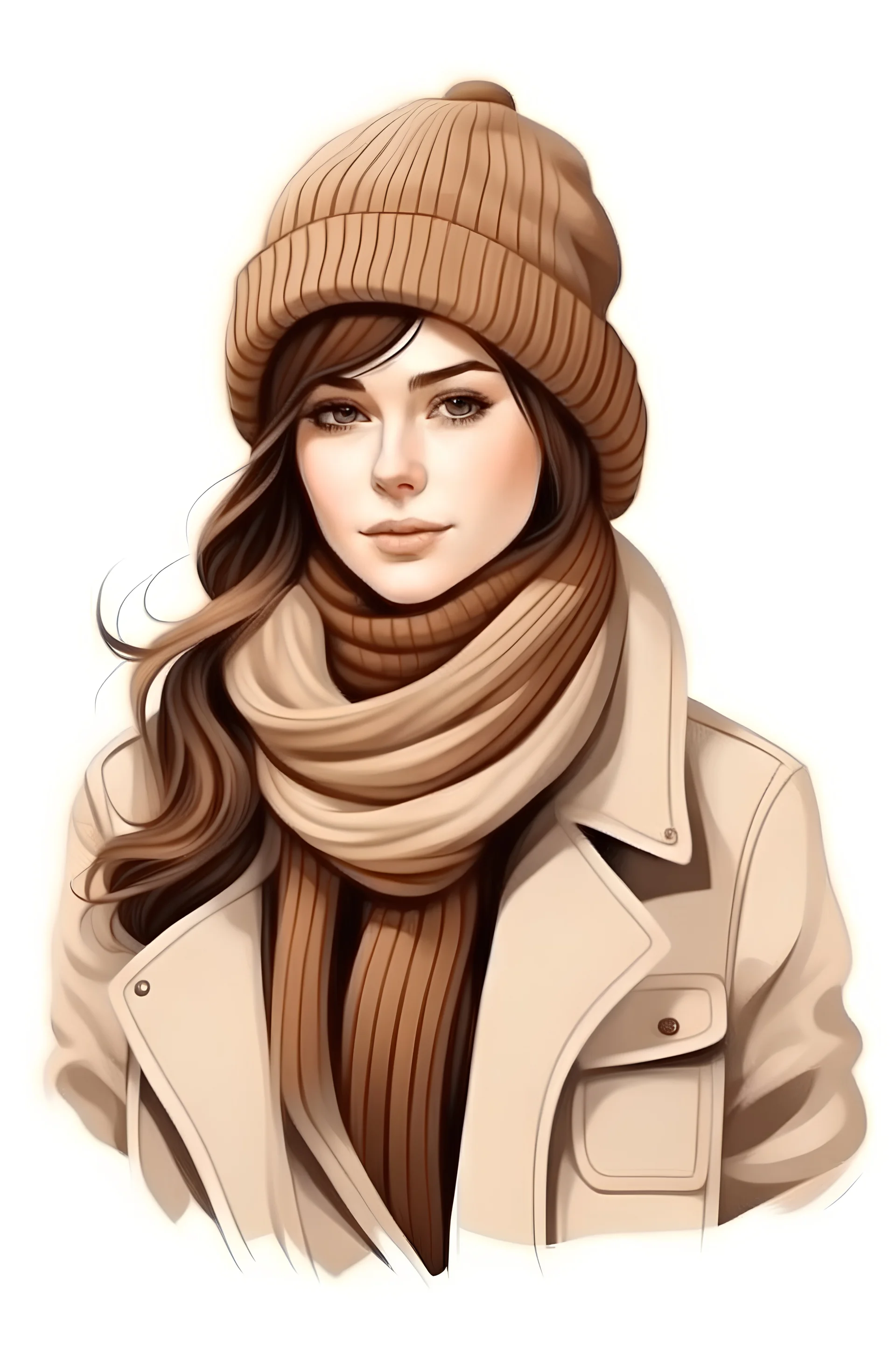 Mooie vrouw, winterkleren in bruin en beige, sjaal om haar nek, wollen muts op haar hoogf, realistic