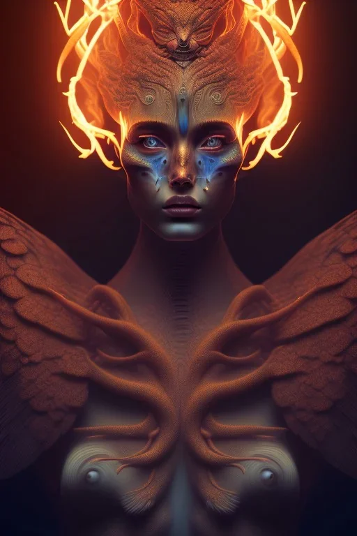 portrait photography of an ethereal beautiful animal goddess, Fire theme art, Dark moody night atmosphere, Portrait of a man by Michelangelo, 8K, close-up face, anatomically perfect face, oak tree roots, ignore NSFW