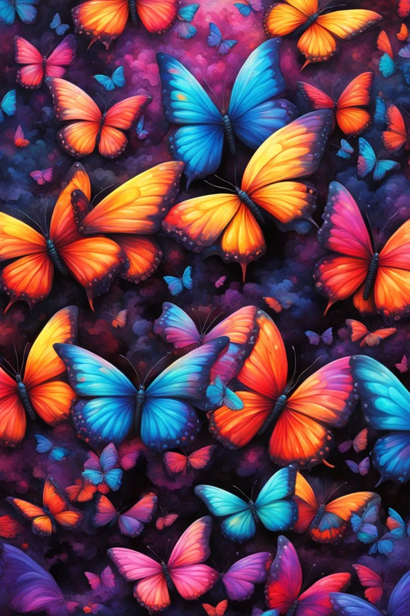 vibrant psychedelic oil painting image, airbrush, 64k, cartoon art image of background colorful and blacK BUTTERFLIES, dystopian