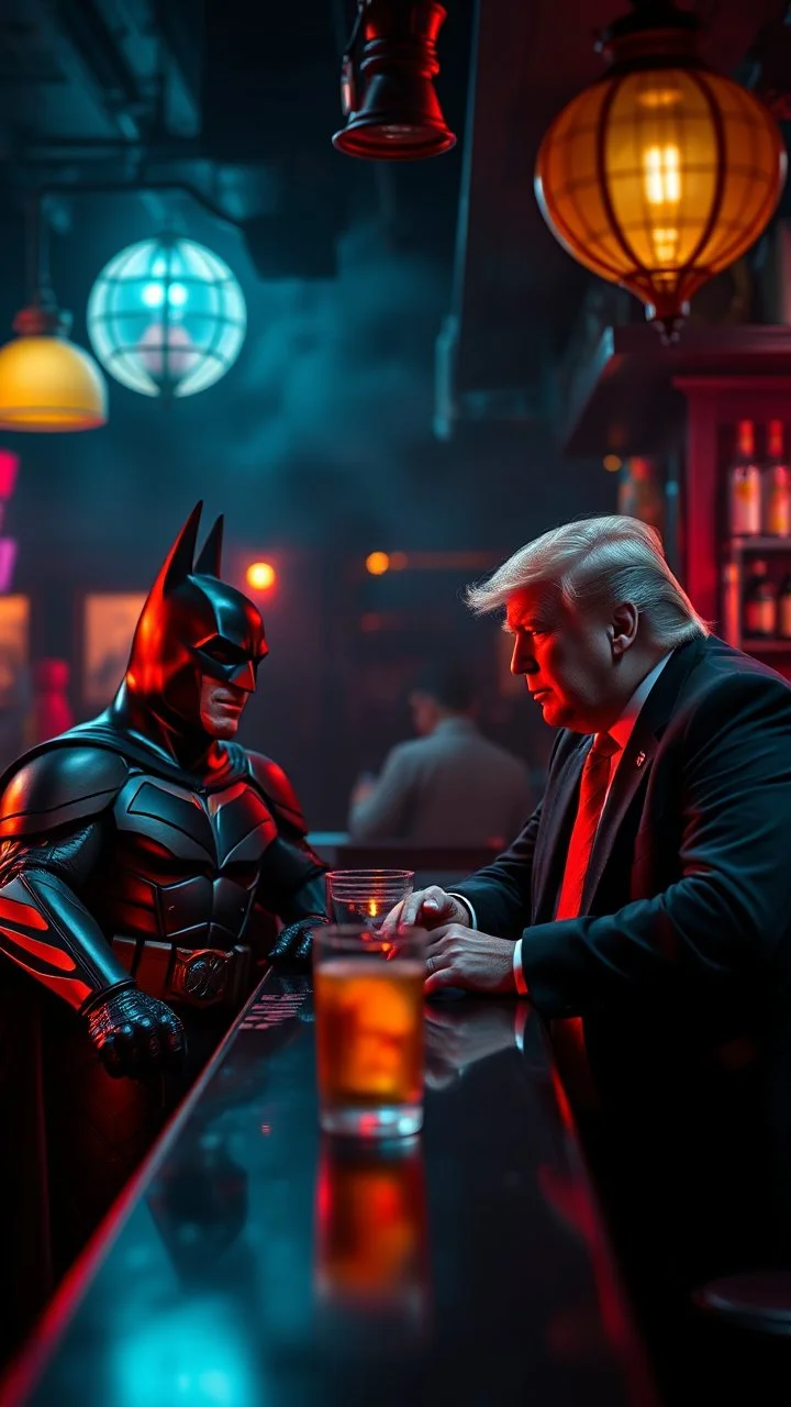 ,surrealism of the dark of a nightmare , hyper photorealistic, hyper detailed bright art color, high resolution, fog, octane render, tilt shift, HDRI Environment, all pictures dark gray, Batman and trump chatting in a bar