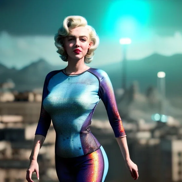 Realistic image, retro sci-fi, portrait, waist up view, blonde woman, sweet Marylin Monroe face, perfect iris, glow eyes. tight lycra tights suit. Retro Futuristic city, cars flying. epic style, vibrant color, highly detailed, unreal engine 5, ray tracing, RTX, lumen lighting, ultra detail, volumetric lighting, 3d, finely drawn, high definition, high resolution.