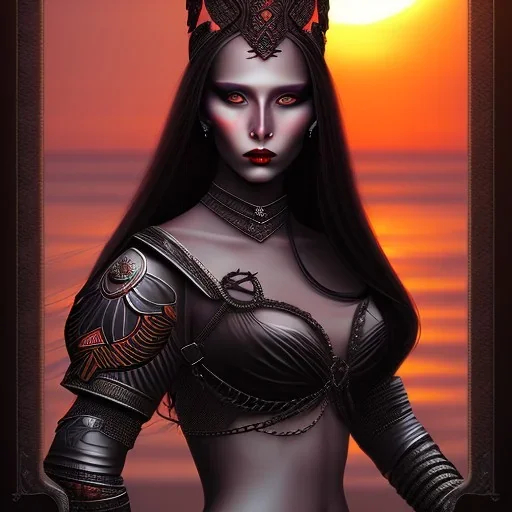 black long hairs lady warrior top under sunset