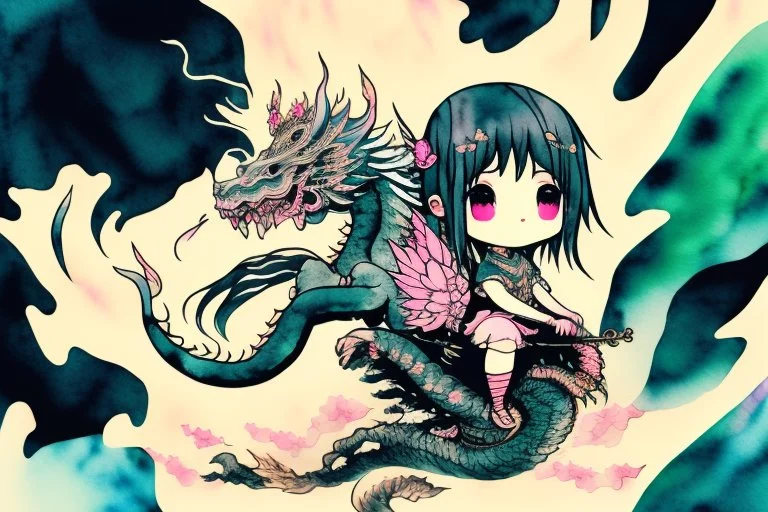 a cute anime chibi princess sitting on a wild chinese dragon and dynamically riding it, melting watercolor and black ink outlines on wet paper, soft, shading strokes, in sunshine, ethereal, otherwordly, cinematic postprocessing, bokeh, dof