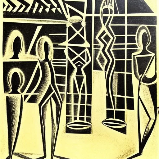 drawn in single line by Nicolai Blatter with hatch with parallel wavy lines metal engraving with african man dance procession in salvador dali style or picasso style