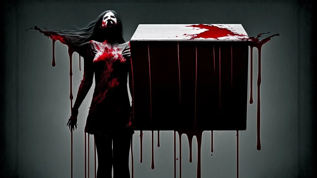 a faceless woman covered in blood holding up a black rectangular box